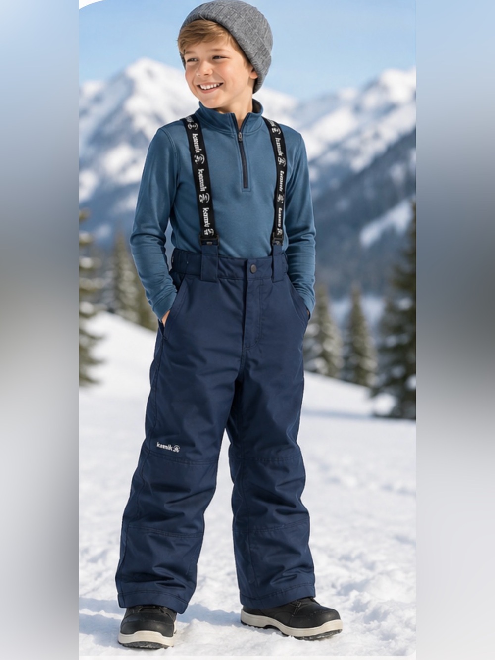 Kamik Kids Navy Snow Pants with Black Branded Suspenders